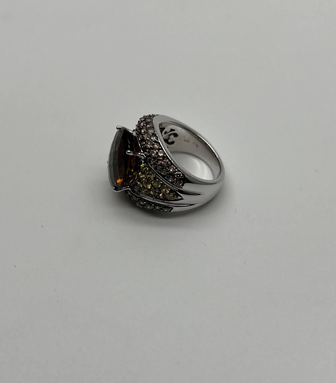 Oval Amber Orange Citrine Yellow Sapphire Diamond Pave Set 14K White Gold Ring