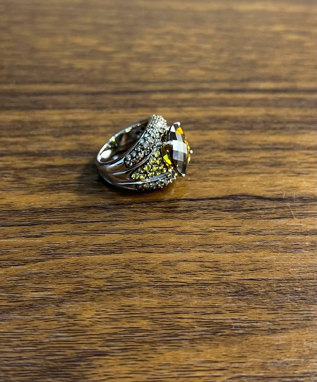 Oval Amber Orange Citrine Yellow Sapphire Diamond Pave Set 14K White Gold Ring