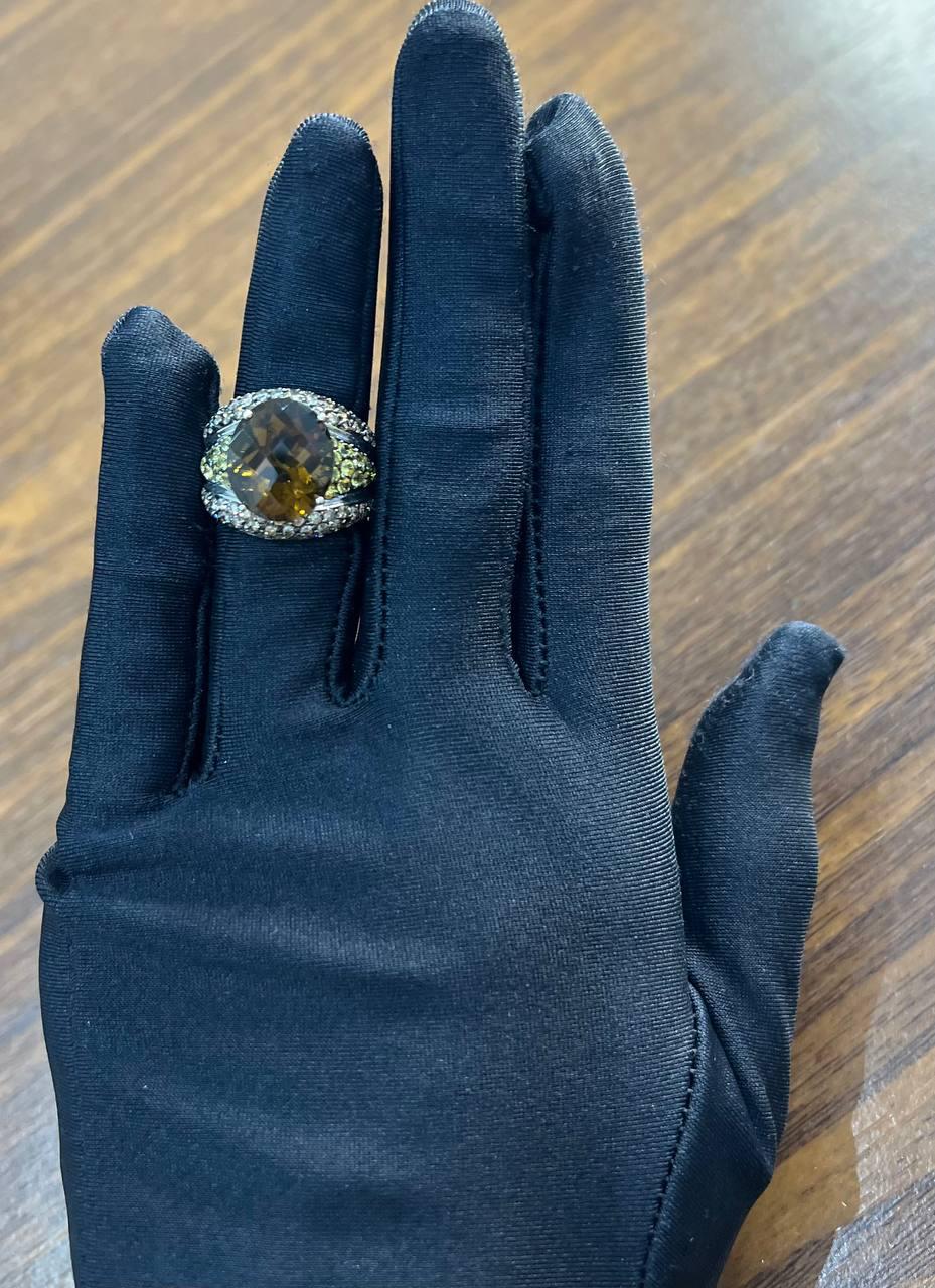 Oval Amber Orange Citrine Yellow Sapphire Diamond Pave Set 14K White Gold Ring
