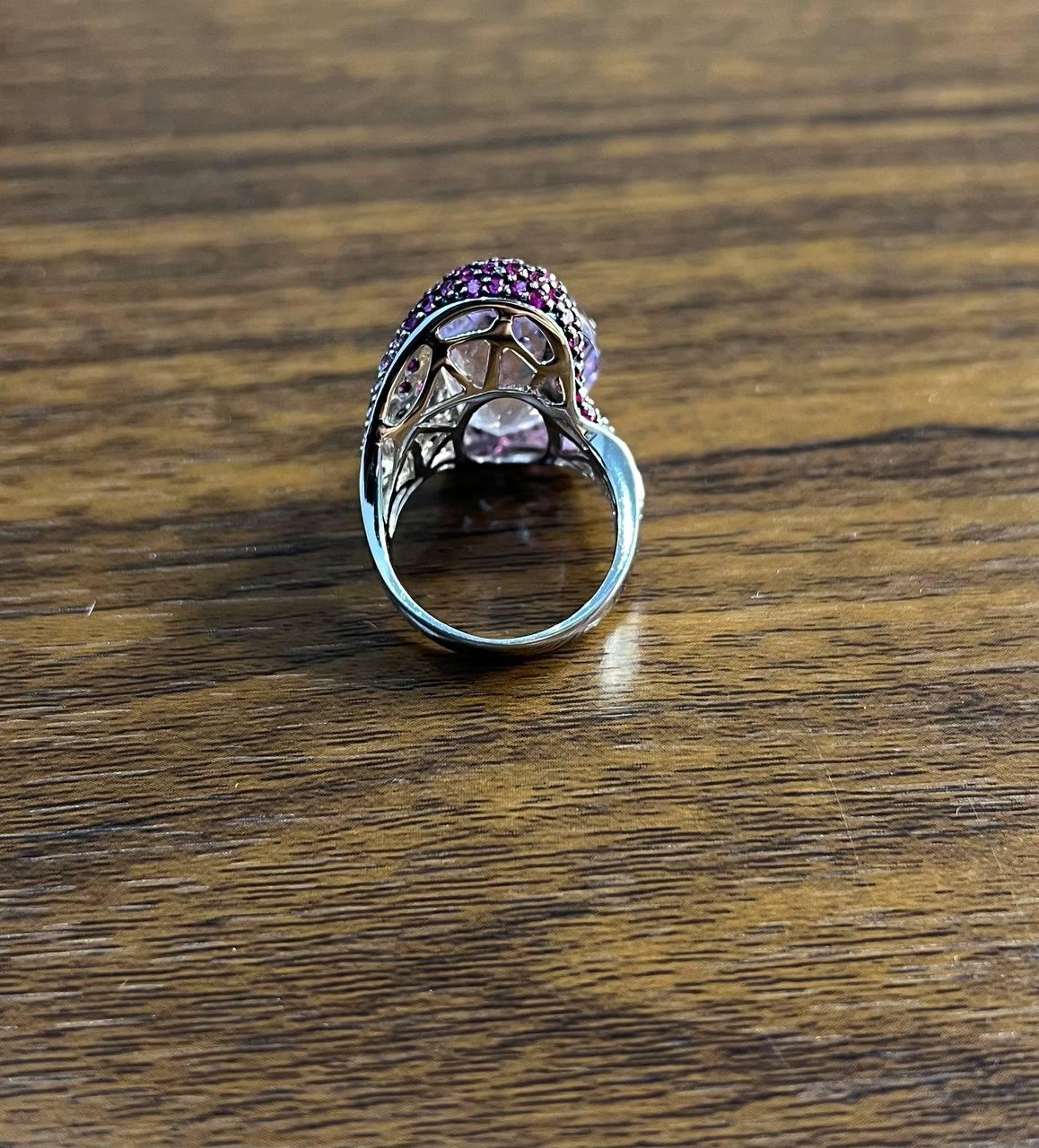 Oval Cut Light Purple Amethyst Pink Sapphire Pave 18K White Gold Statement Ring