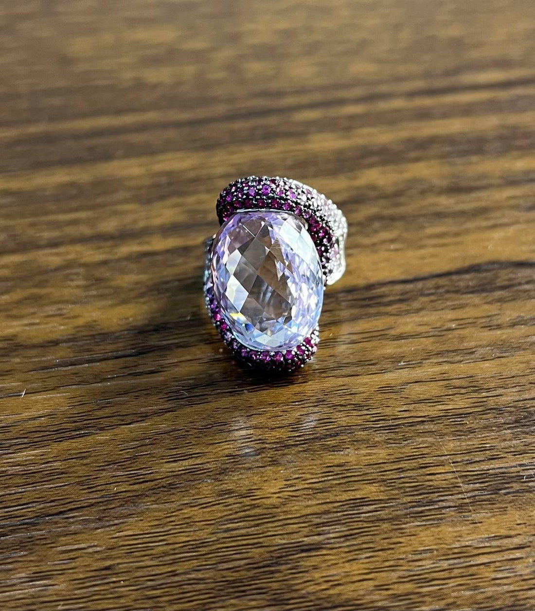 Oval Cut Light Purple Amethyst Pink Sapphire Pave 18K White Gold Statement Ring