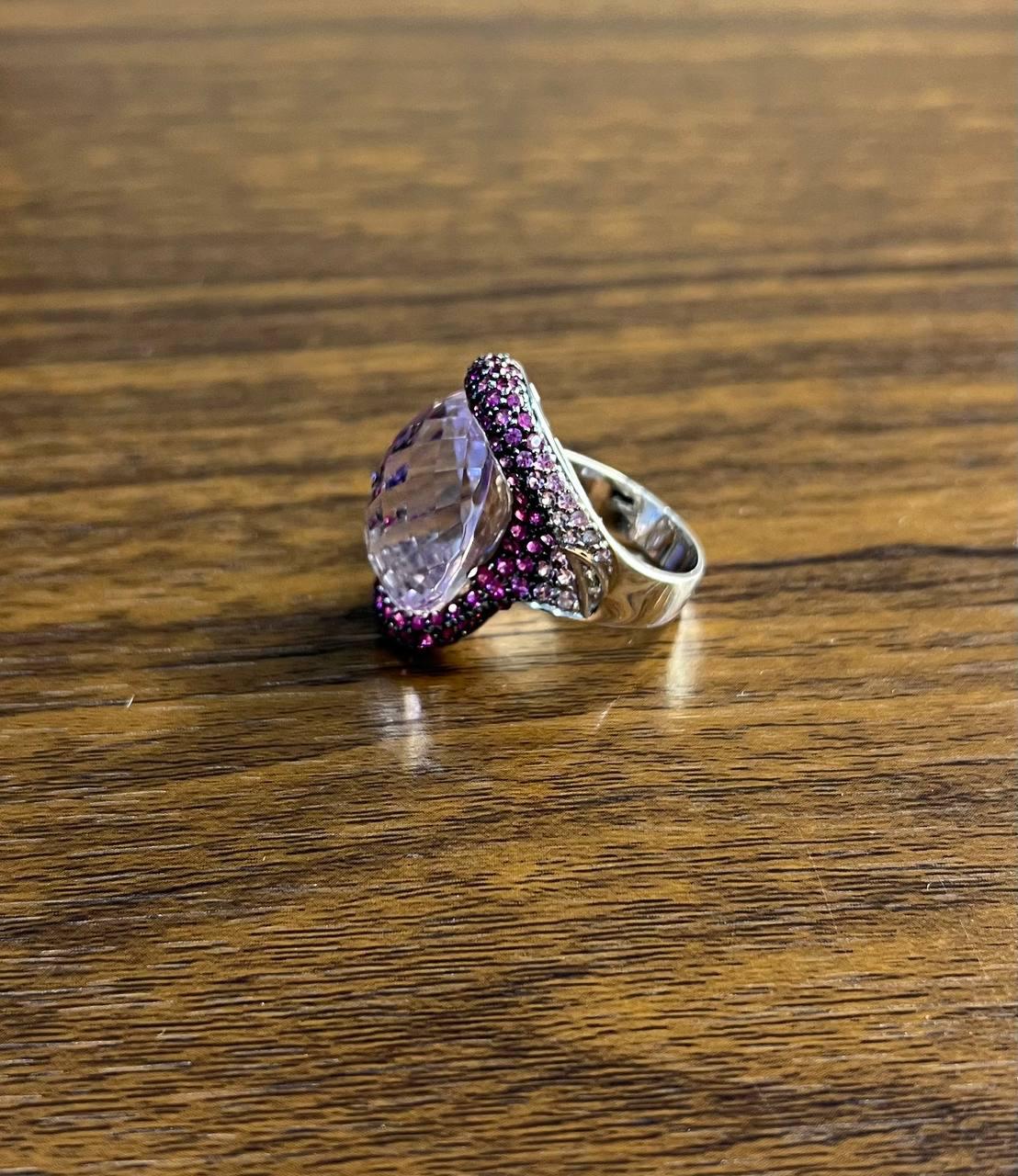 Oval Cut Light Purple Amethyst Pink Sapphire Pave 18K White Gold Statement Ring