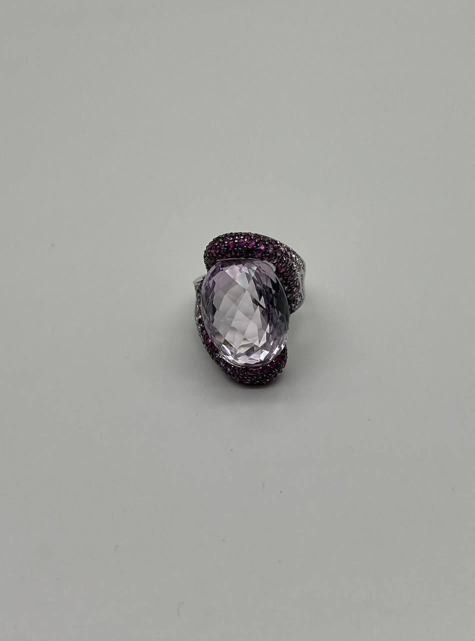 Oval Cut Light Purple Amethyst Pink Sapphire Pave 18K White Gold Statement Ring