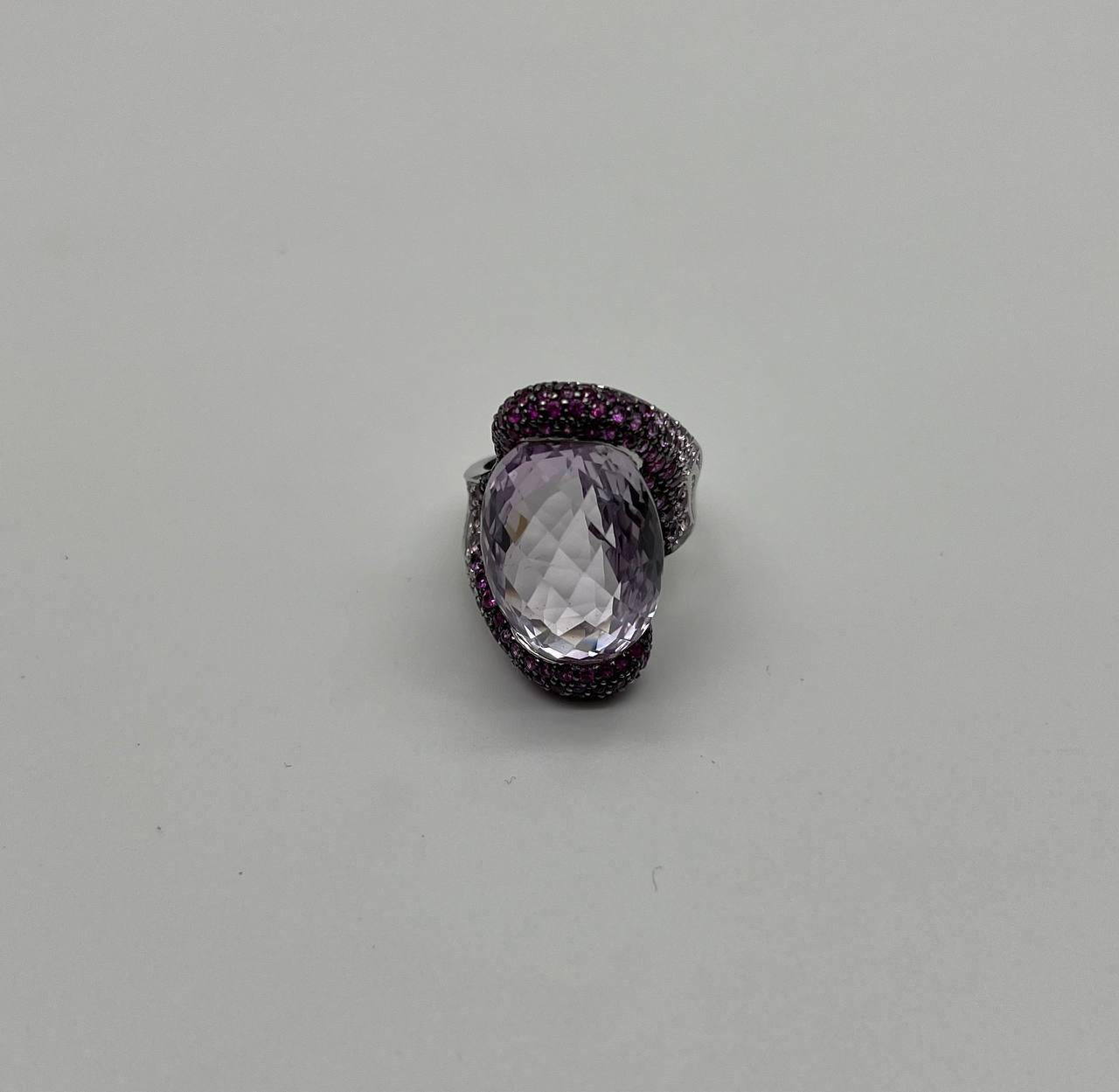 Oval Cut Light Purple Amethyst Pink Sapphire Pave 18K White Gold Statement Ring
