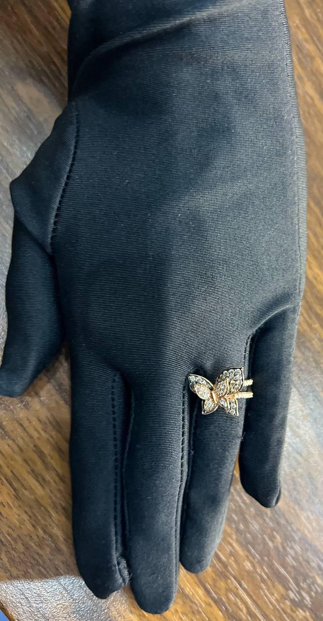 Butterfly White Champagne Diamond Pave Set Split Shank 14K Yellow Gold Ring