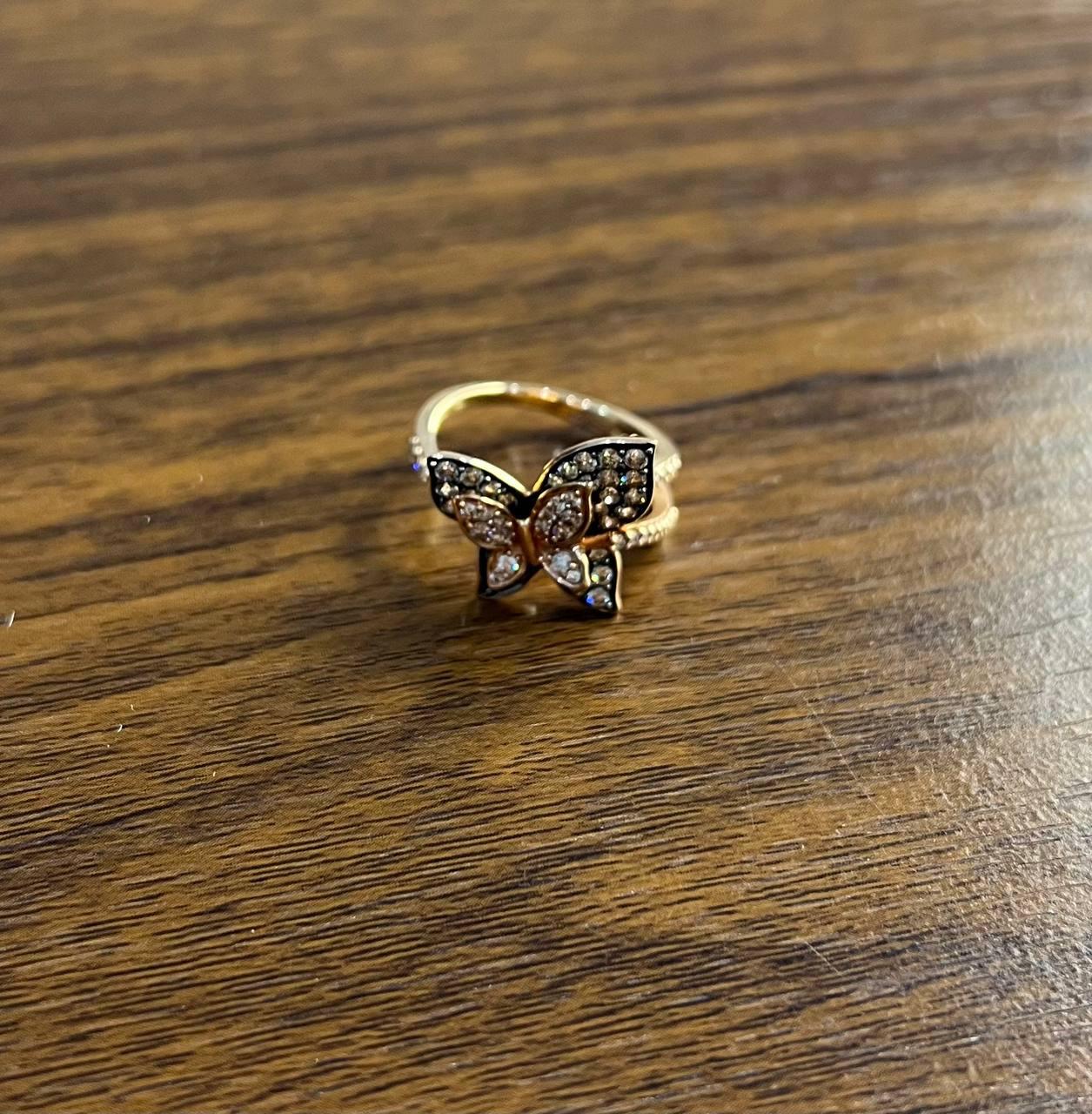 Butterfly White Champagne Diamond Pave Set Split Shank 14K Yellow Gold Ring