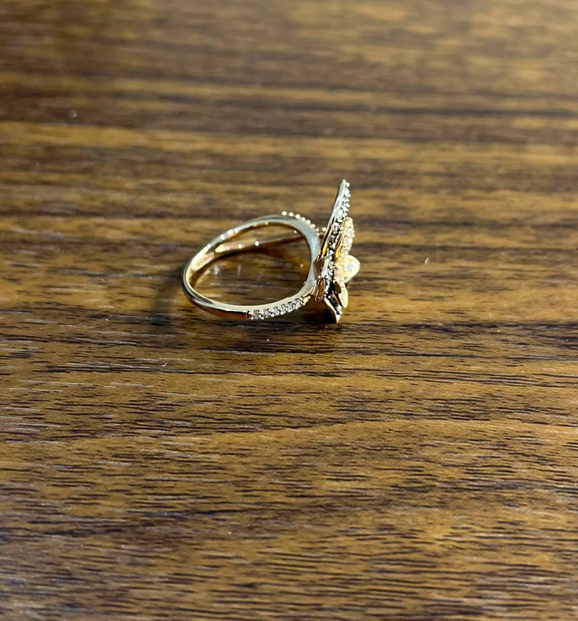 Butterfly White Champagne Diamond Pave Set Split Shank 14K Yellow Gold Ring