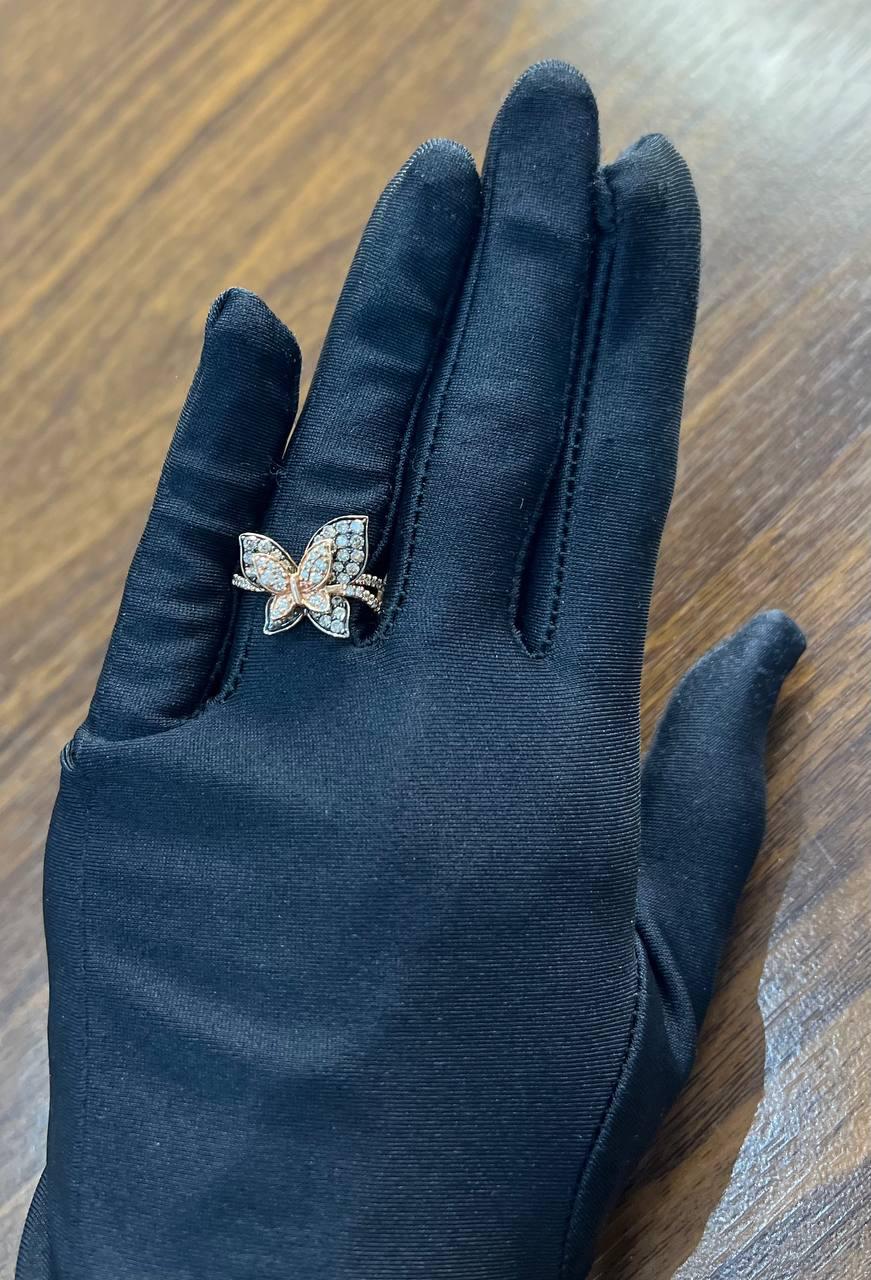 Butterfly White Champagne Diamond Pave Set Split Shank 14K Yellow Gold Ring