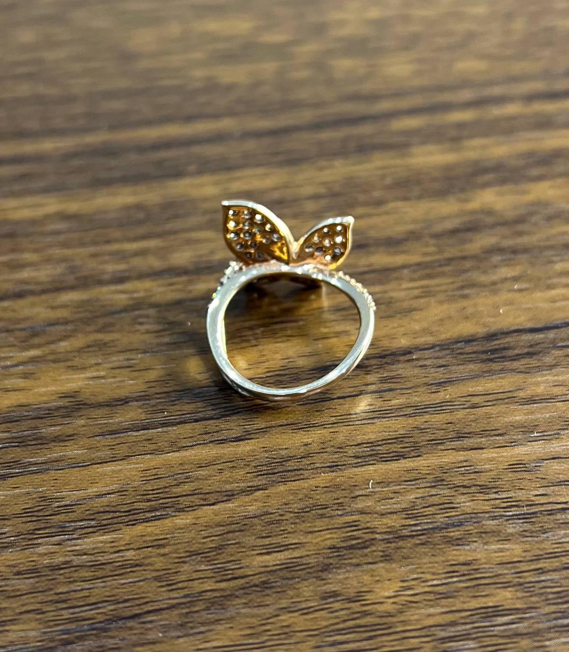 Butterfly White Champagne Diamond Pave Set Split Shank 14K Yellow Gold Ring