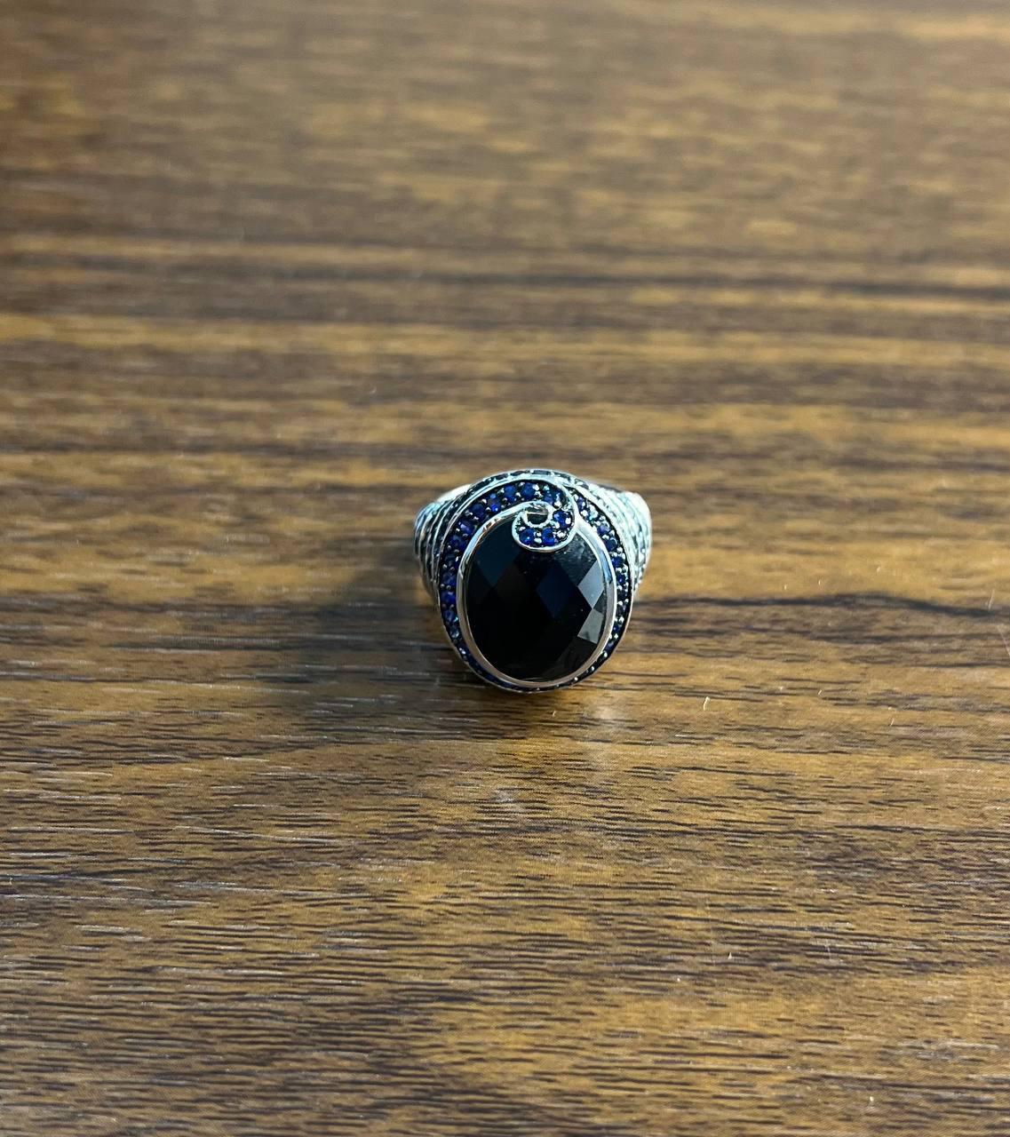 Black Onyx Blue Sapphire Halo Channel Set Swirl 14K White Gold Statement Ring