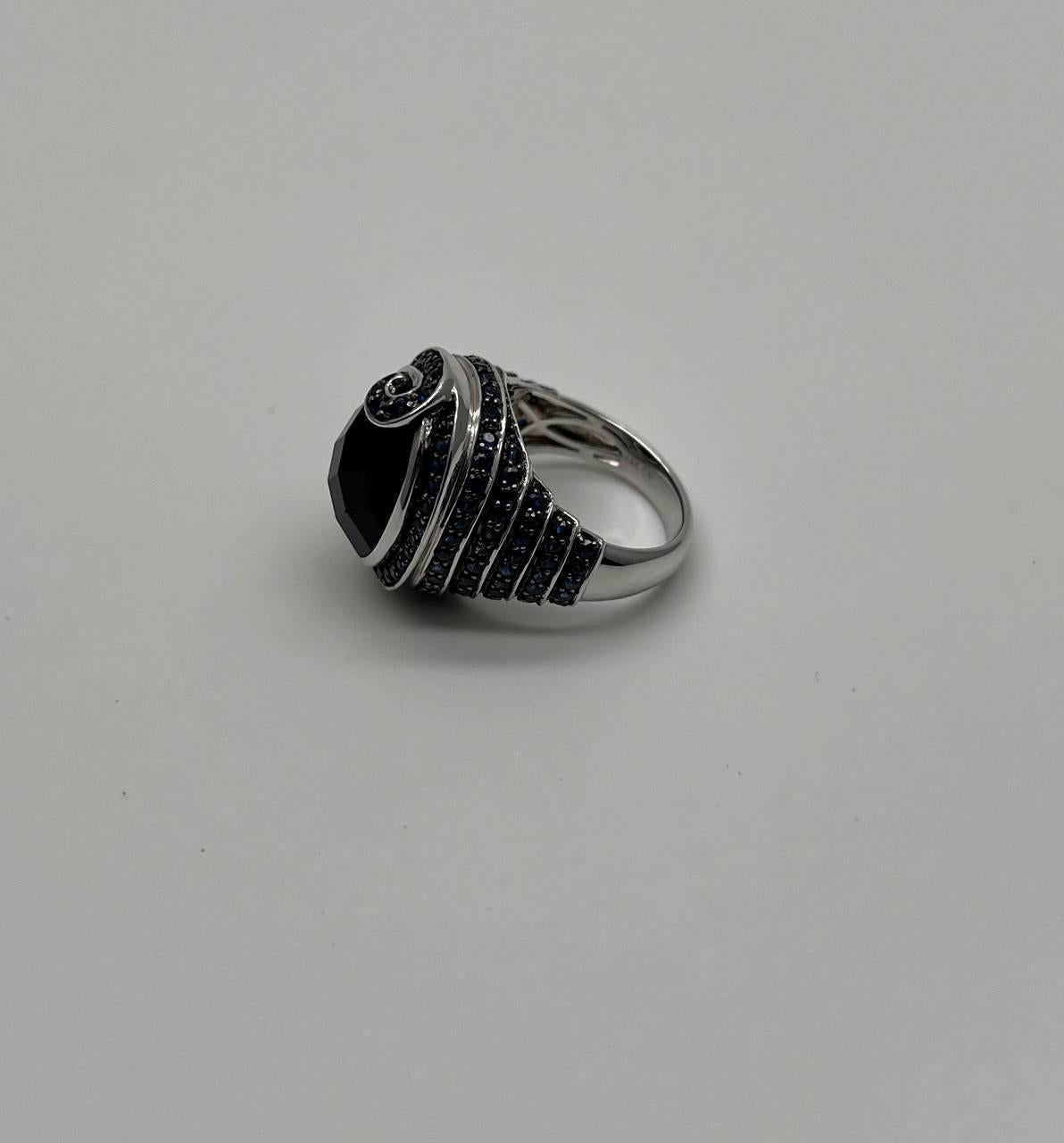 Black Onyx Blue Sapphire Halo Channel Set Swirl 14K White Gold Statement Ring