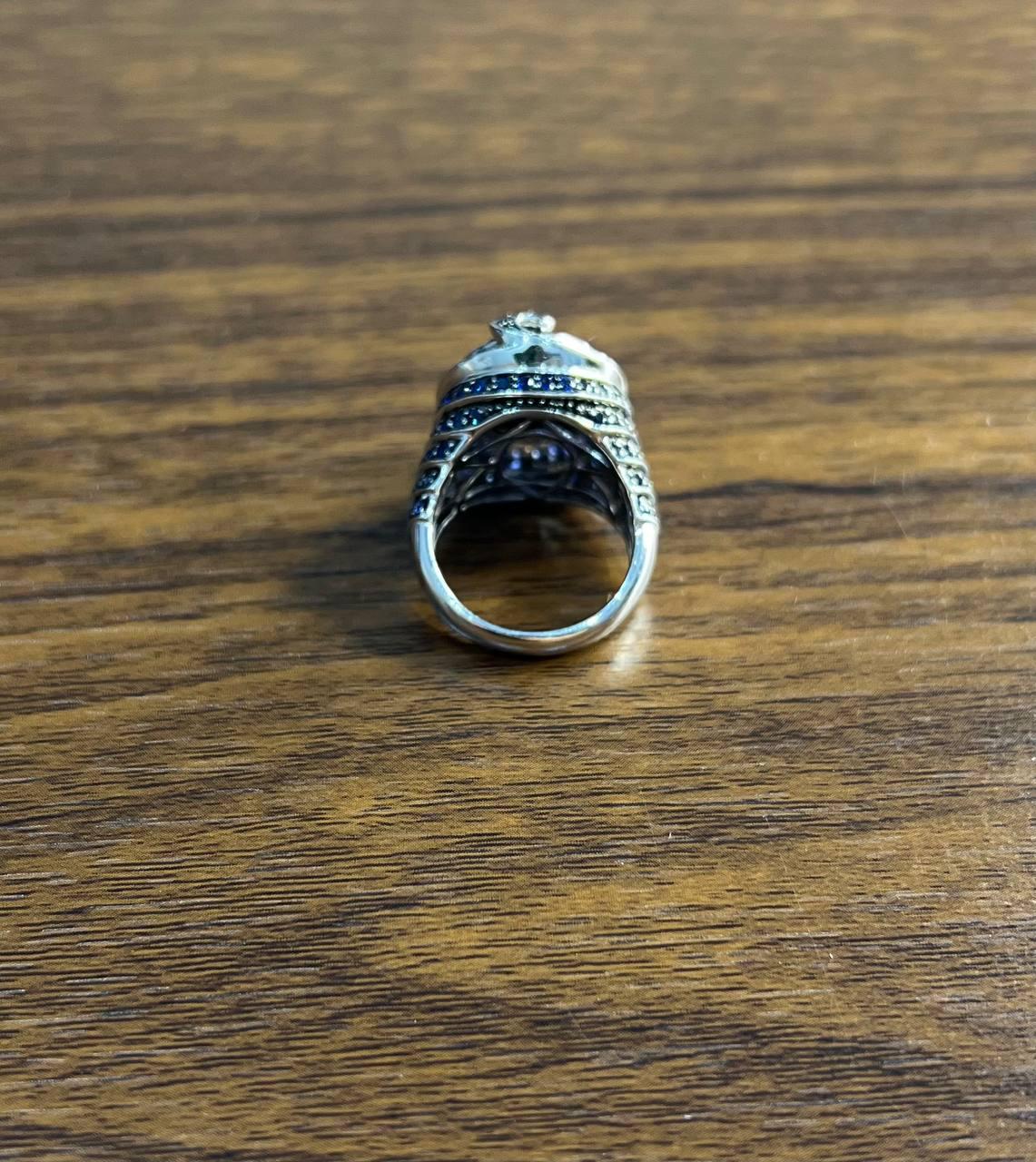 Black Onyx Blue Sapphire Halo Channel Set Swirl 14K White Gold Statement Ring