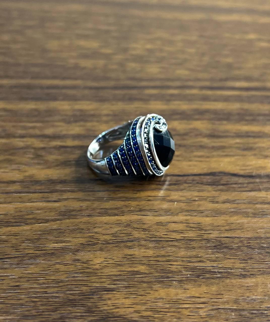 Black Onyx Blue Sapphire Halo Channel Set Swirl 14K White Gold Statement Ring