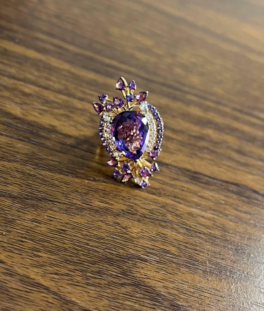 Purple Amethyst Rhodolite Pink Garnets Diamonds 14K Gold Statement Cocktail Ring
