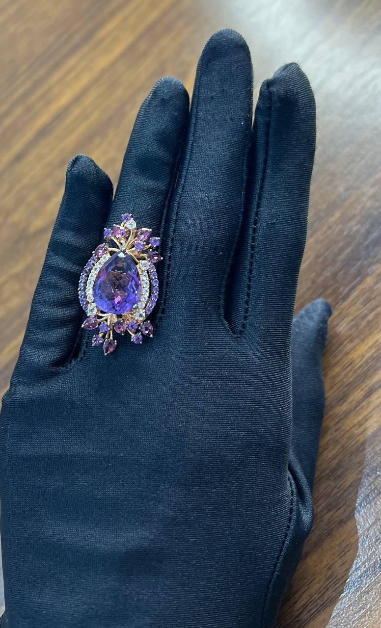 Purple Amethyst Rhodolite Pink Garnets Diamonds 14K Gold Statement Cocktail Ring