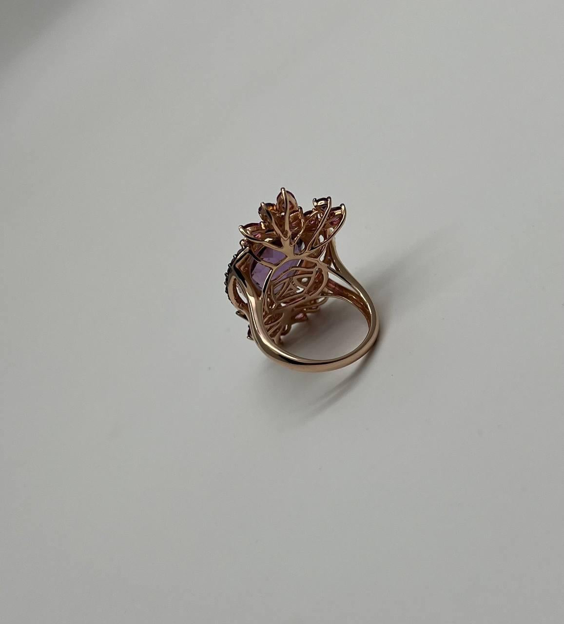 Purple Amethyst Rhodolite Pink Garnets Diamonds 14K Gold Statement Cocktail Ring