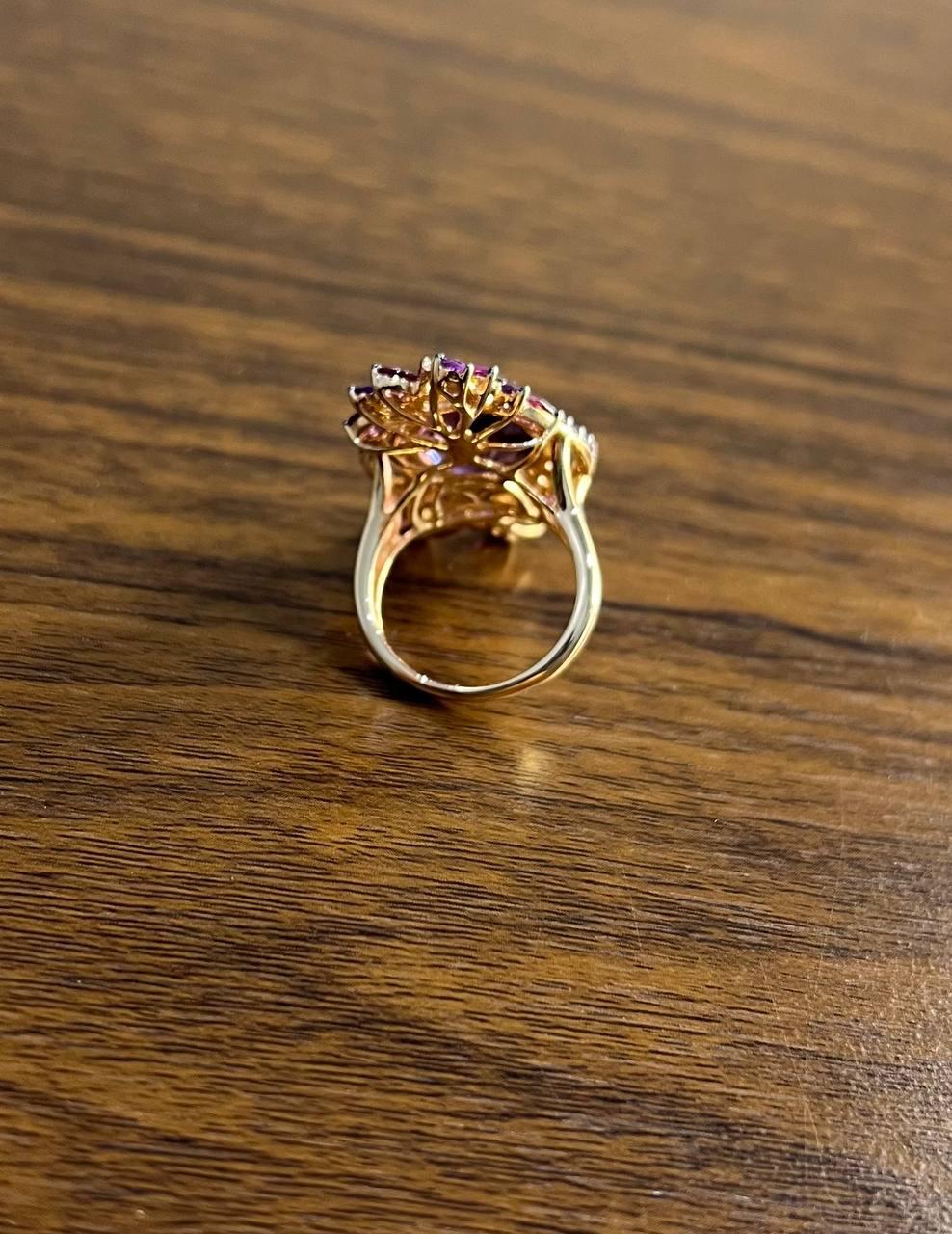 Purple Amethyst Rhodolite Pink Garnets Diamonds 14K Gold Statement Cocktail Ring