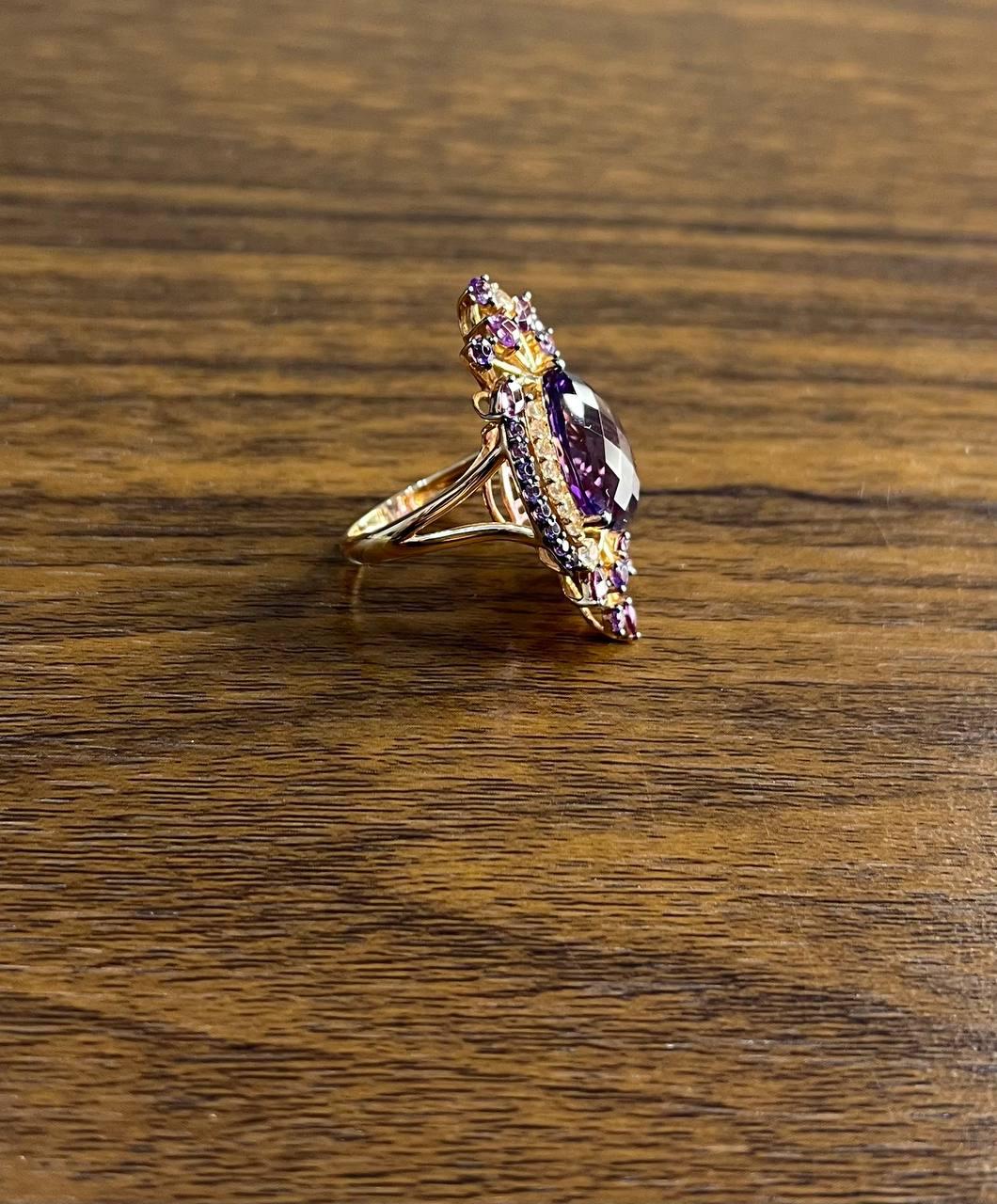 Purple Amethyst Rhodolite Pink Garnets Diamonds 14K Gold Statement Cocktail Ring