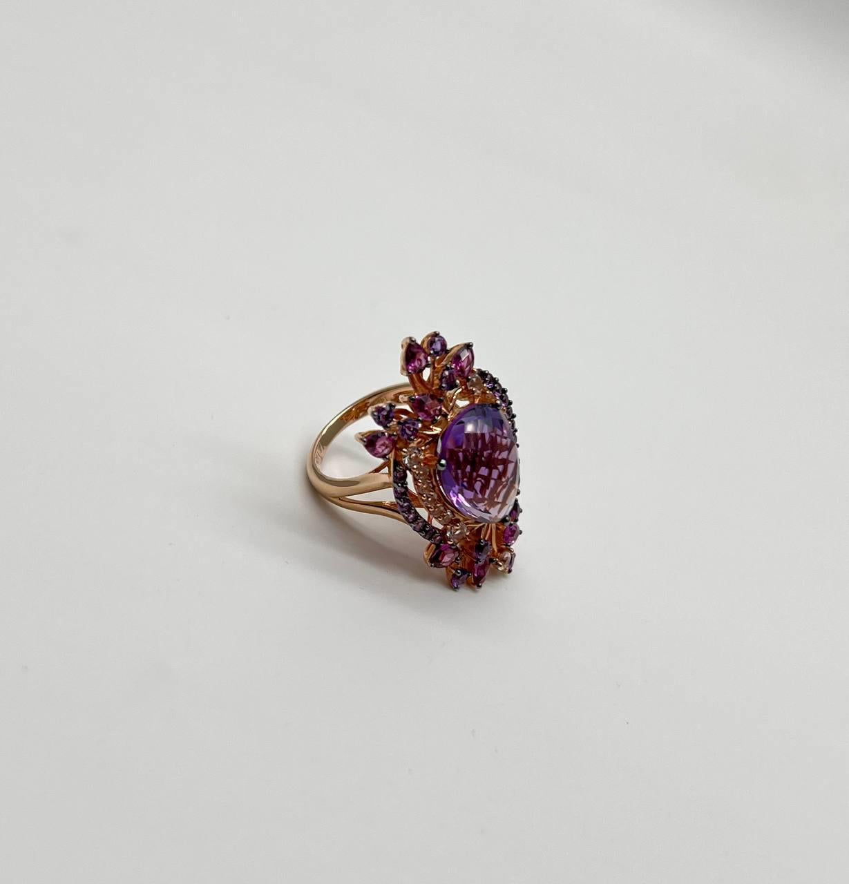 Purple Amethyst Rhodolite Pink Garnets Diamonds 14K Gold Statement Cocktail Ring