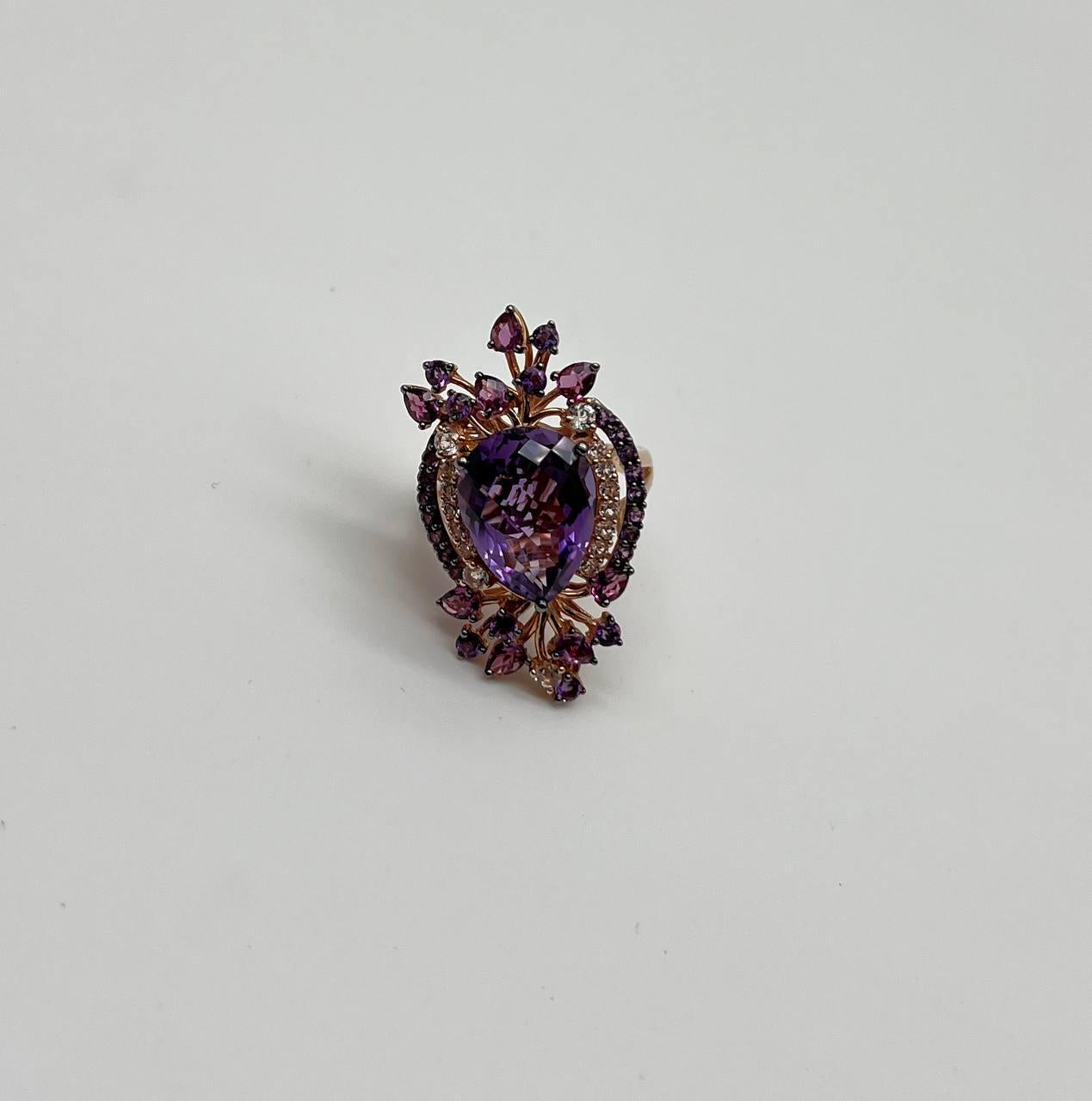 Purple Amethyst Rhodolite Pink Garnets Diamonds 14K Gold Statement Cocktail Ring