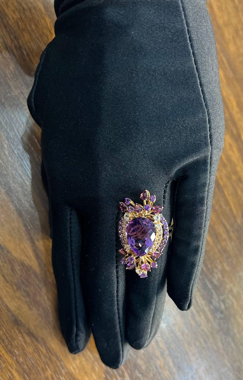 Purple Amethyst Rhodolite Pink Garnets Diamonds 14K Gold Statement Cocktail Ring