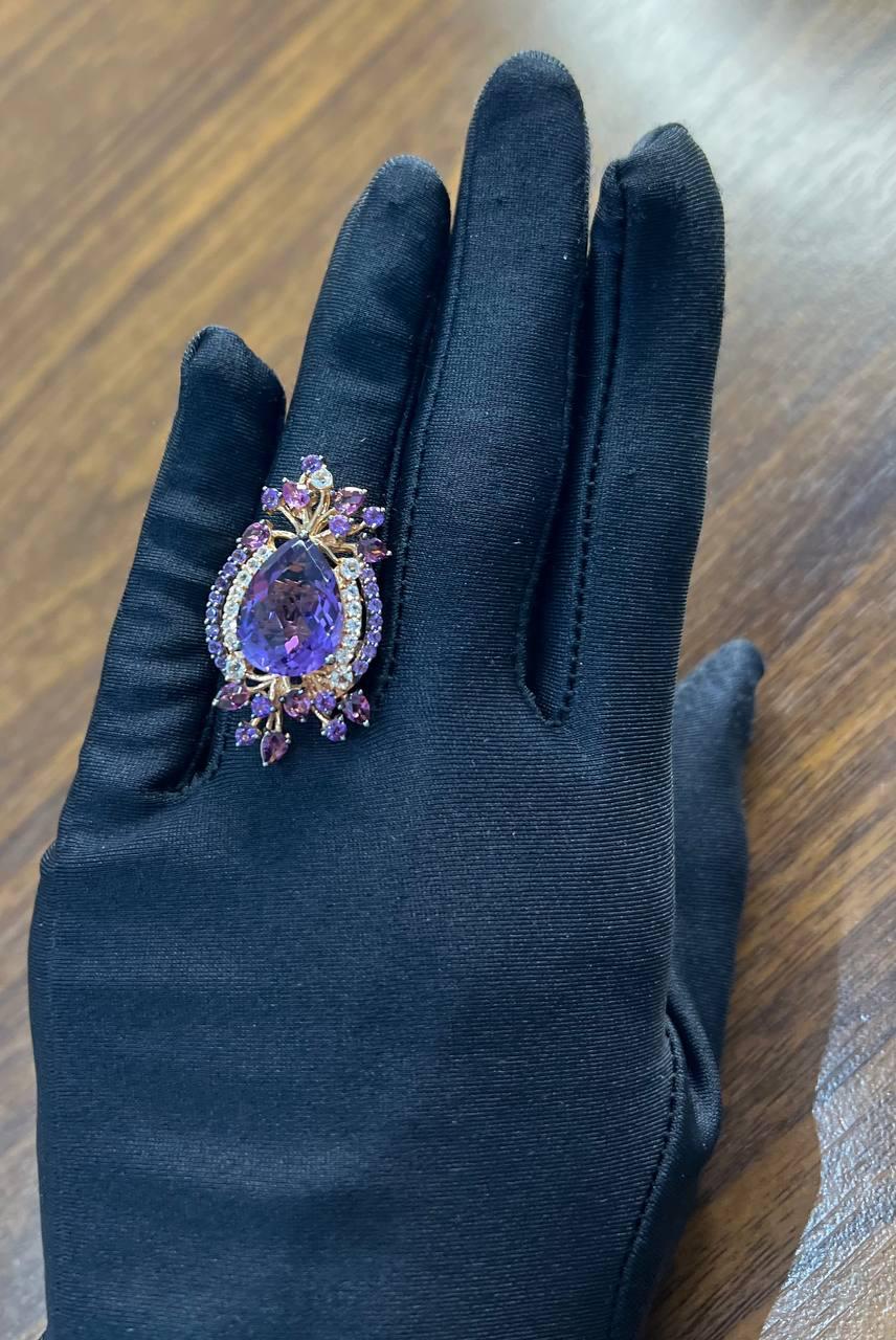 Purple Amethyst Rhodolite Pink Garnets Diamonds 14K Gold Statement Cocktail Ring