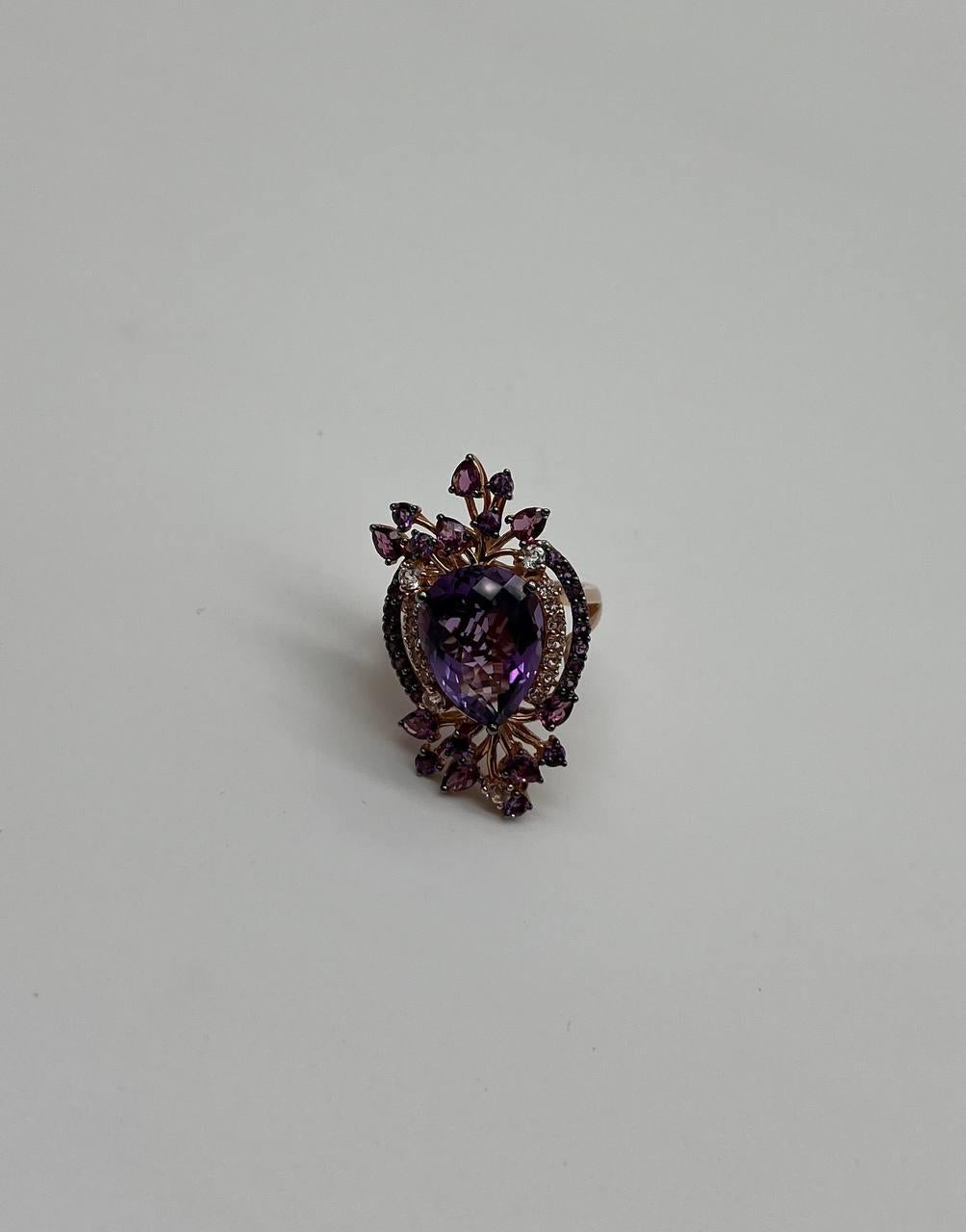Purple Amethyst Rhodolite Pink Garnets Diamonds 14K Gold Statement Cocktail Ring