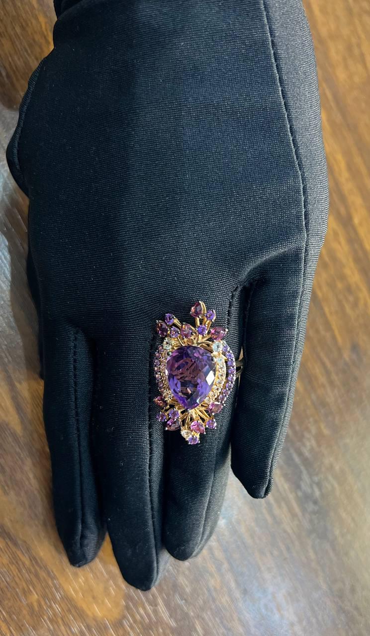 Purple Amethyst Rhodolite Pink Garnets Diamonds 14K Gold Statement Cocktail Ring
