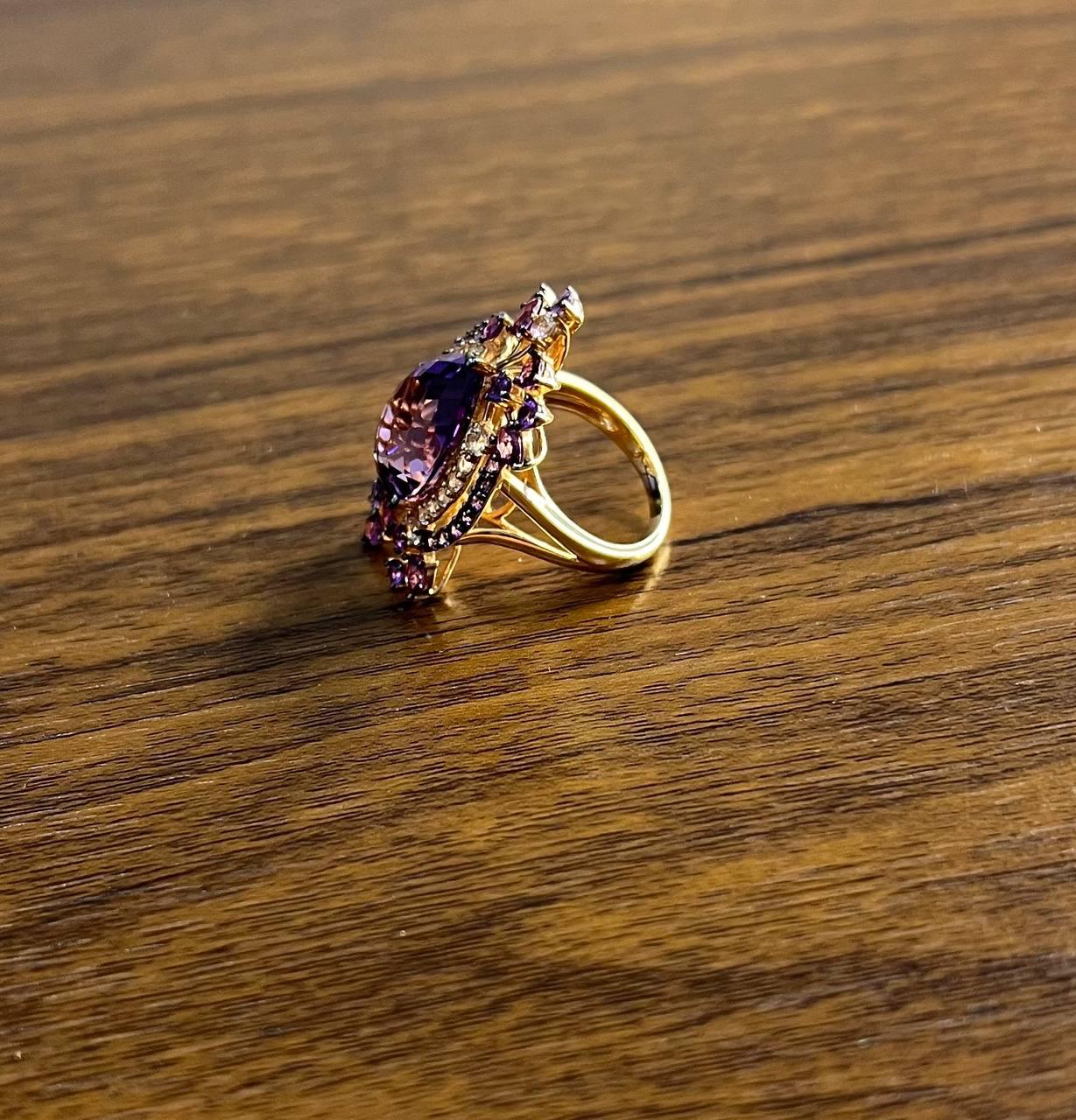 Purple Amethyst Rhodolite Pink Garnets Diamonds 14K Gold Statement Cocktail Ring