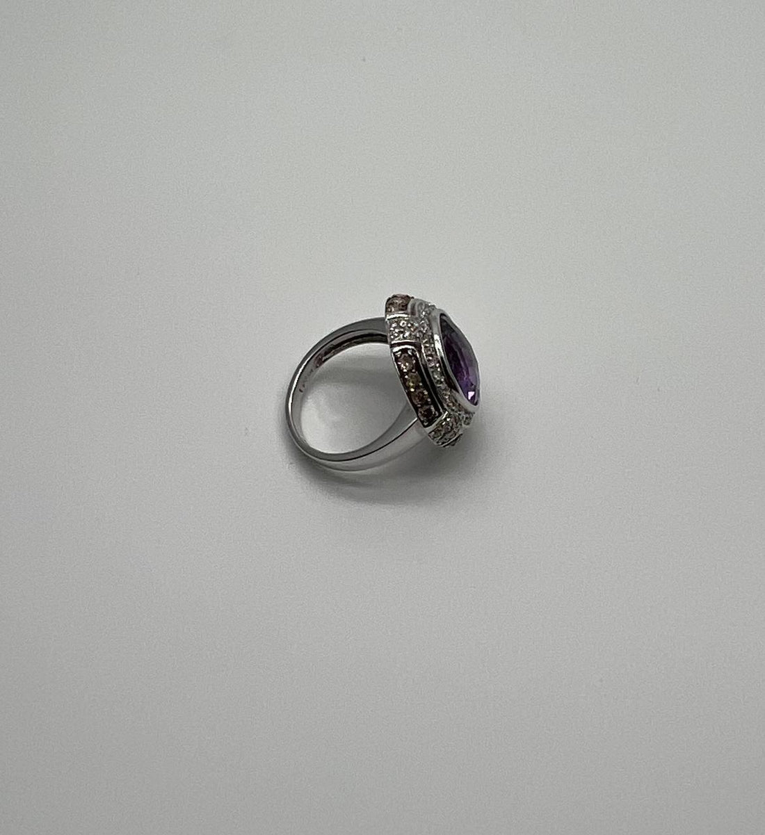 Round Cut Purple Violet Amethyst White Diamond Accent Halo 14K White Gold Ring