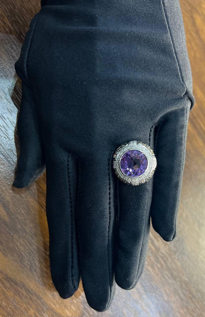 Round Cut Purple Violet Amethyst White Diamond Accent Halo 14K White Gold Ring