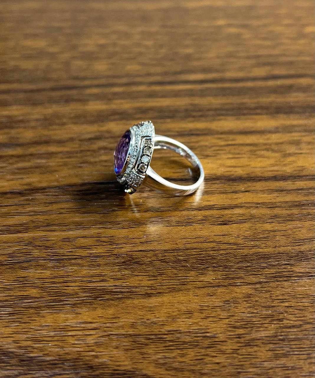 Round Cut Purple Violet Amethyst White Diamond Accent Halo 14K White Gold Ring