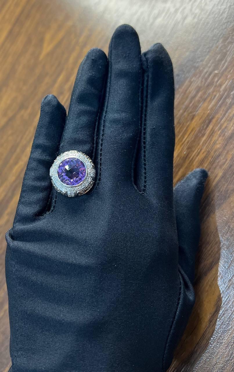 Round Cut Purple Violet Amethyst White Diamond Accent Halo 14K White Gold Ring