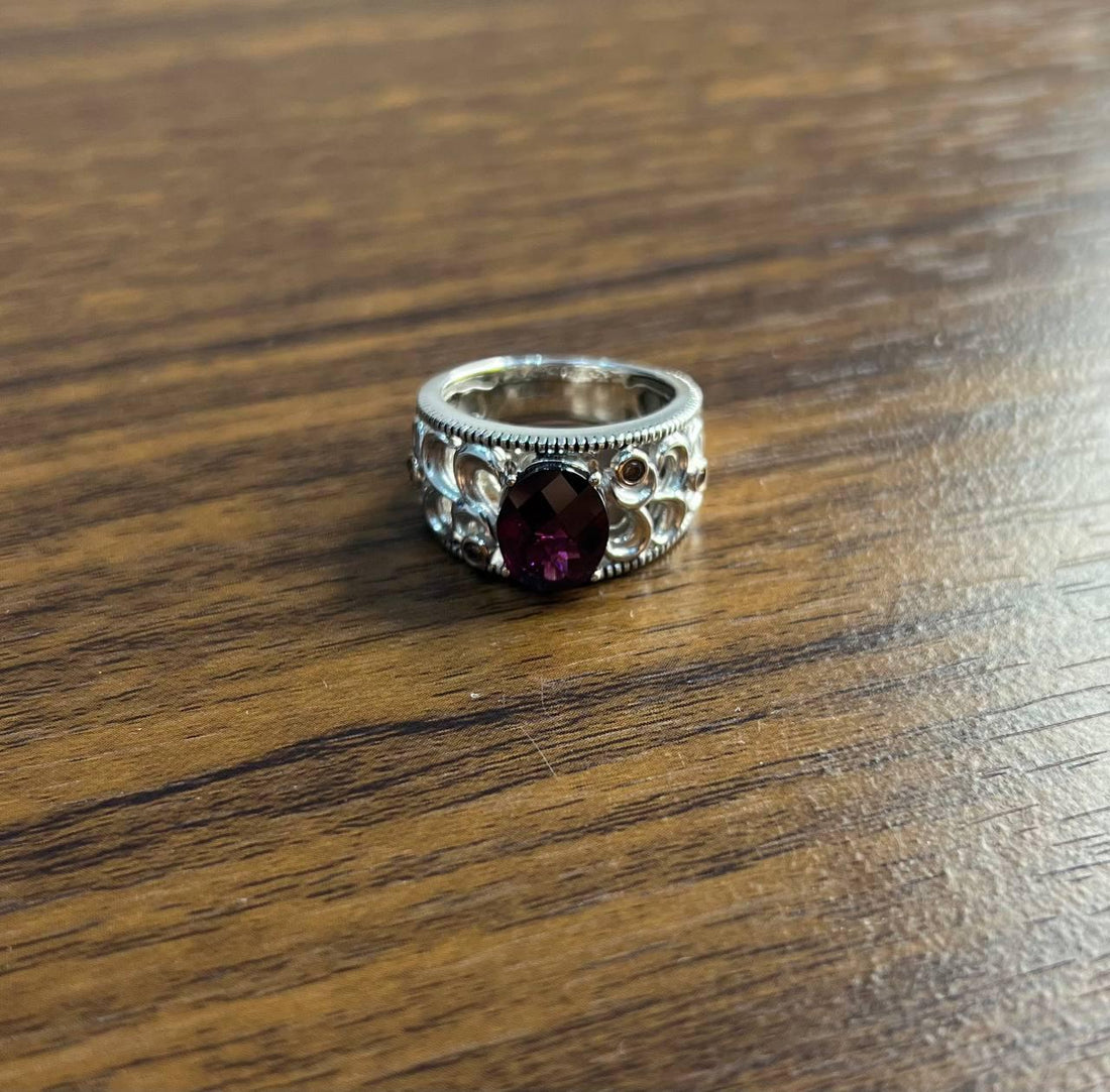 Dark Red Garnet 14k White Gold Statement Sculptural Grooves Waves Fleur Ring