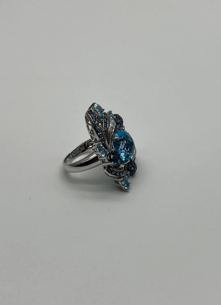 Multi Color Blue Topaz, Blue Sapphire, White Diamonds Pave 14K White Gold Ring