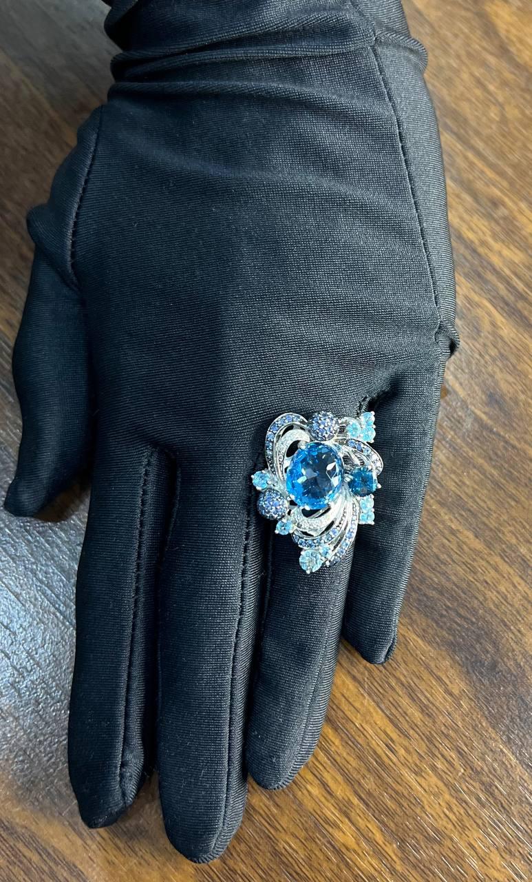 Multi Color Blue Topaz, Blue Sapphire, White Diamonds Pave 14K White Gold Ring