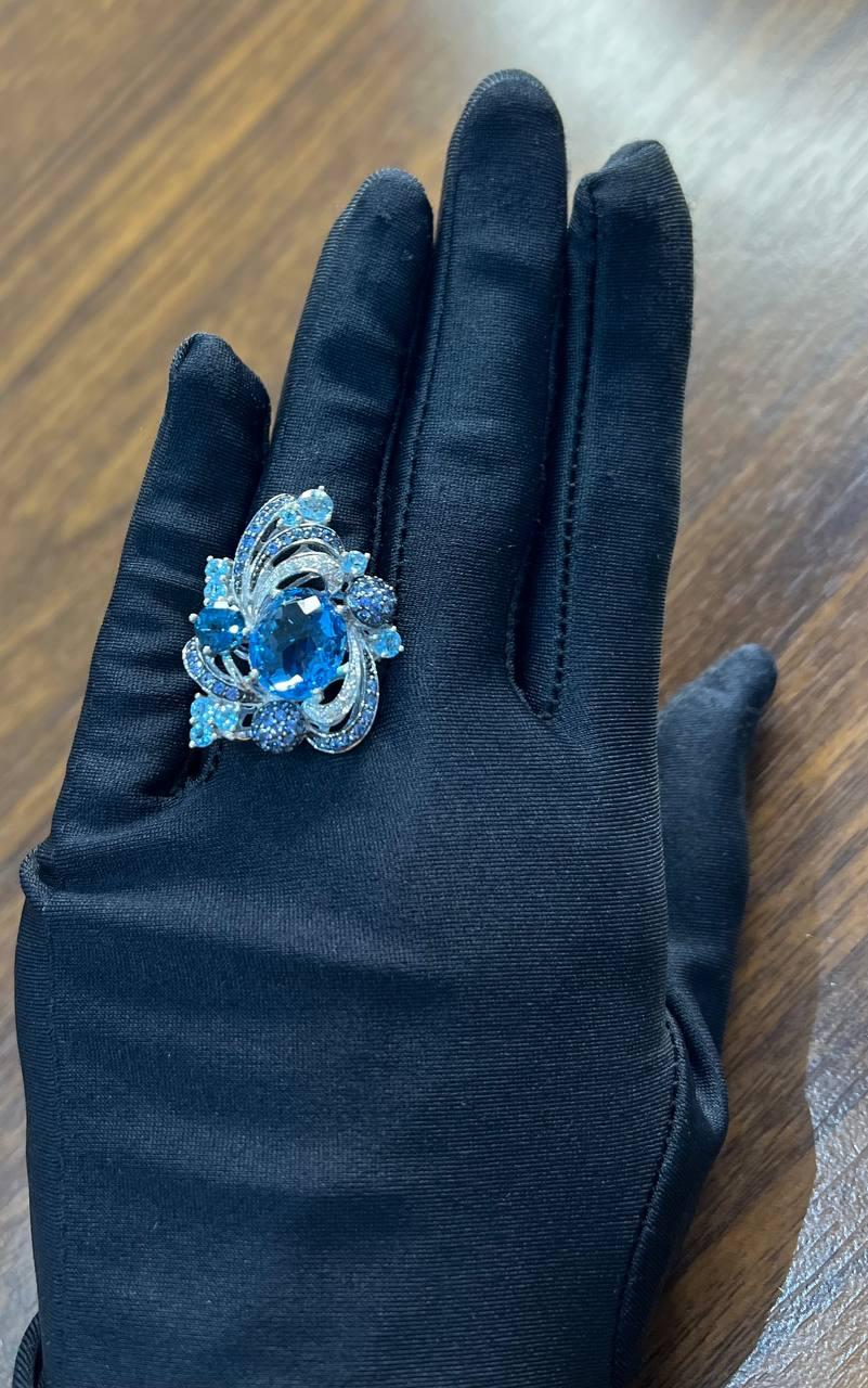 Multi Color Blue Topaz, Blue Sapphire, White Diamonds Pave 14K White Gold Ring