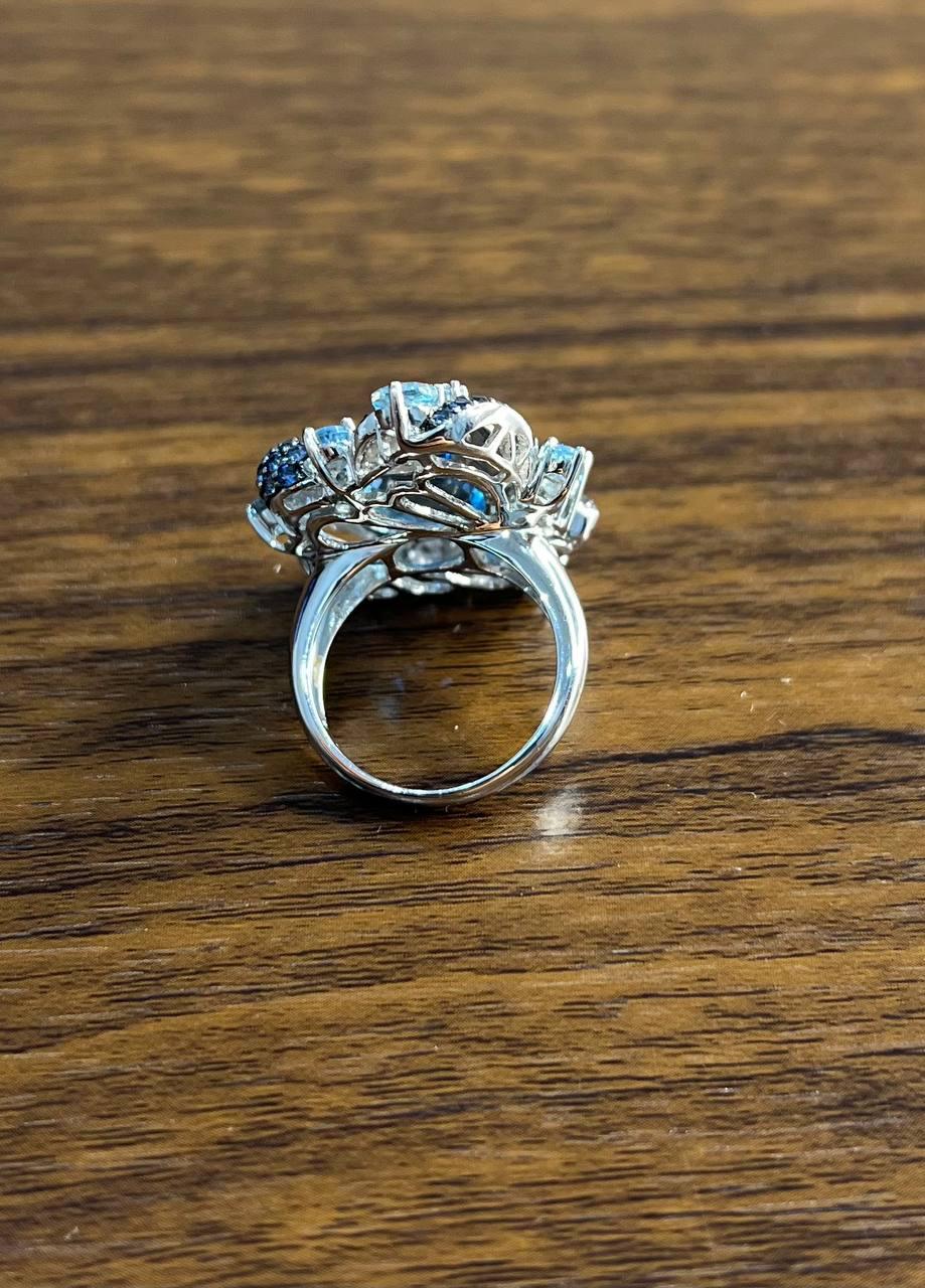 Multi Color Blue Topaz, Blue Sapphire, White Diamonds Pave 14K White Gold Ring