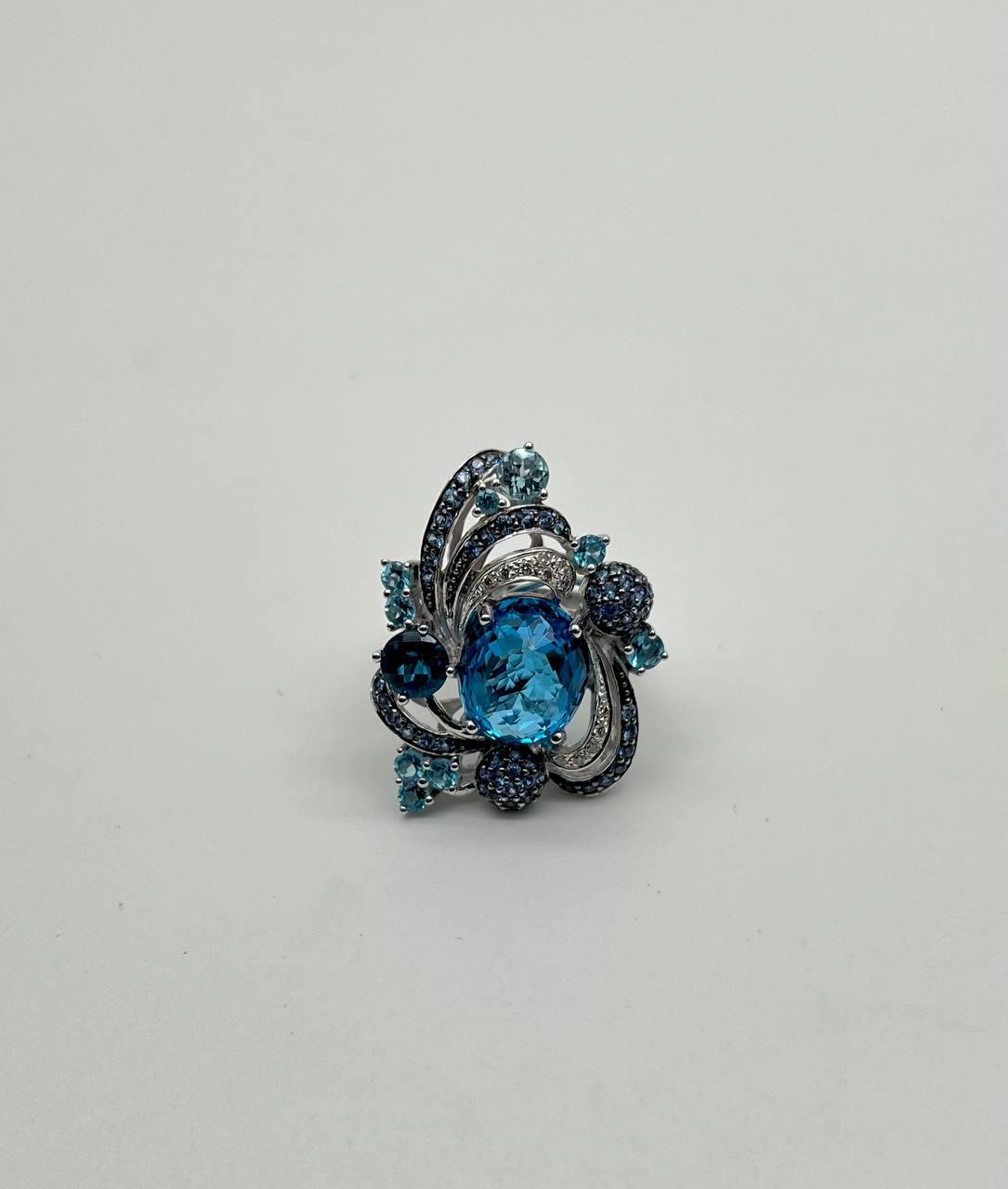 Multi Color Blue Topaz, Blue Sapphire, White Diamonds Pave 14K White Gold Ring