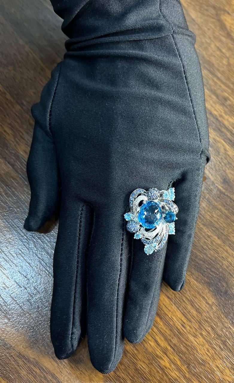 Multi Color Blue Topaz, Blue Sapphire, White Diamonds Pave 14K White Gold Ring