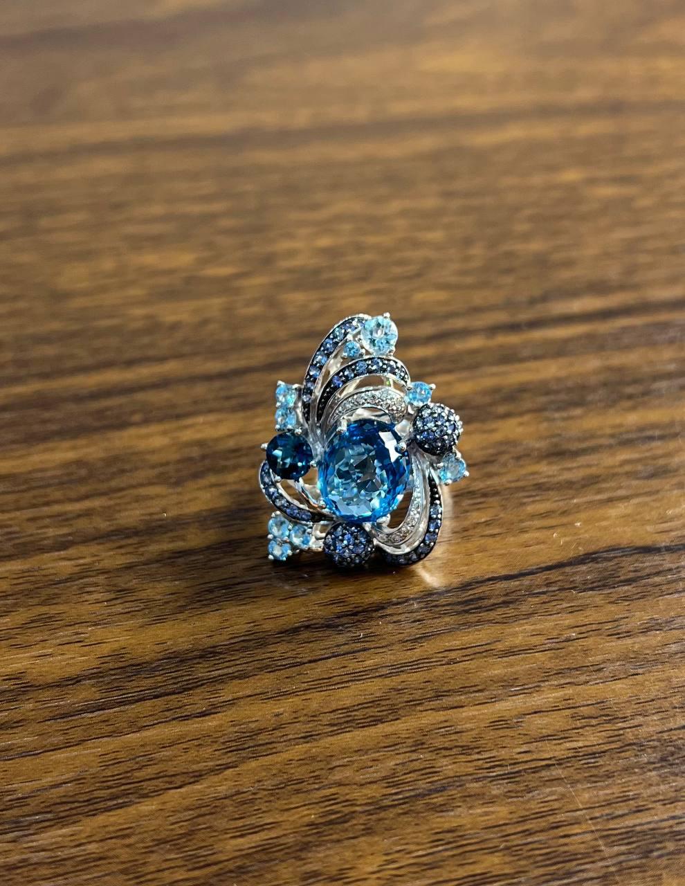 Multi Color Blue Topaz, Blue Sapphire, White Diamonds Pave 14K White Gold Ring