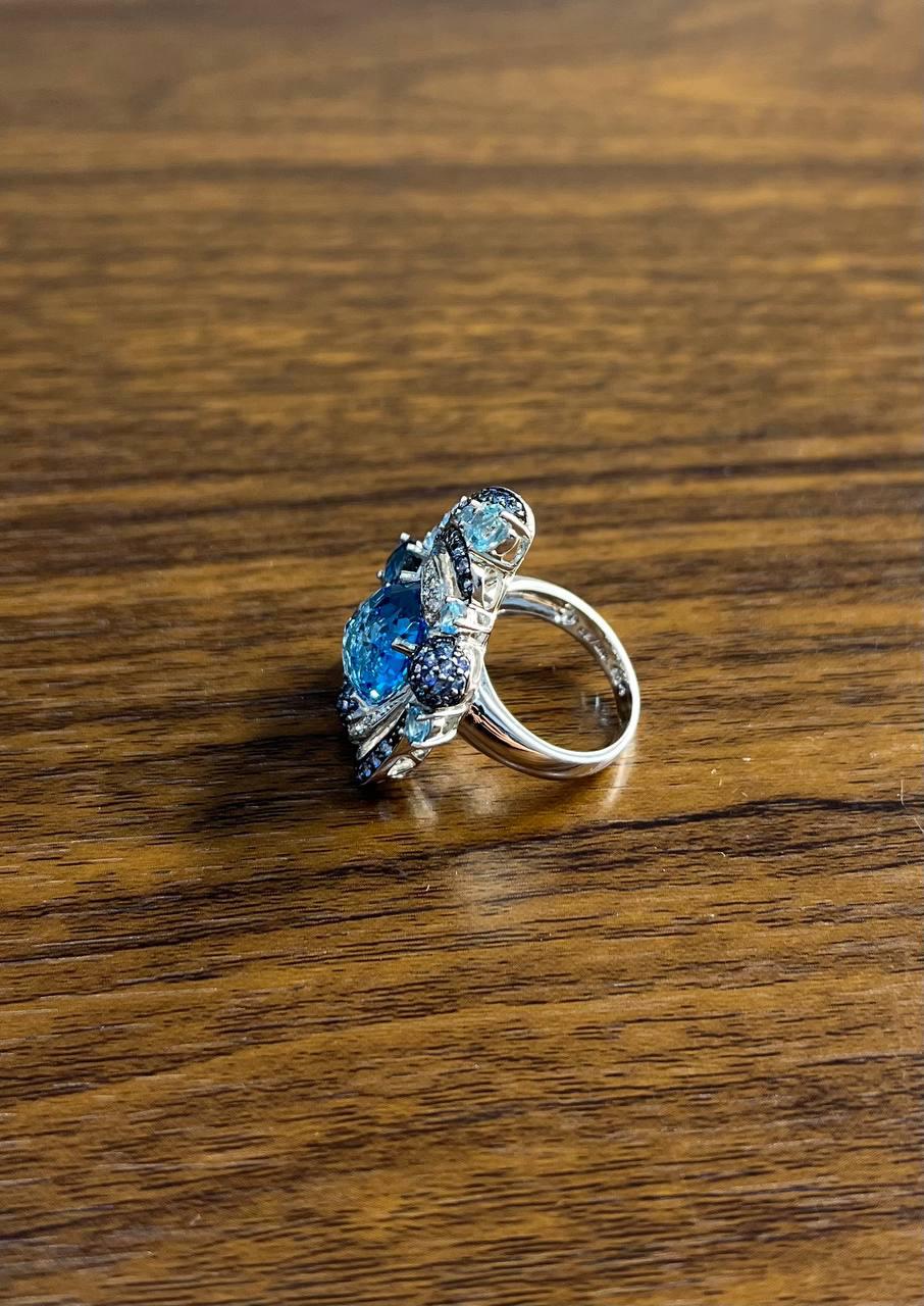 Multi Color Blue Topaz, Blue Sapphire, White Diamonds Pave 14K White Gold Ring