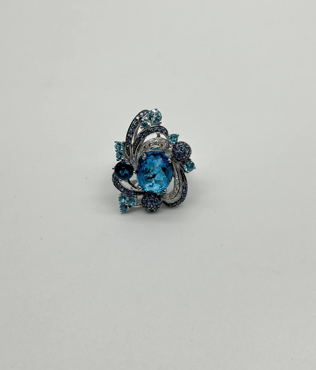 Multi Color Blue Topaz, Blue Sapphire, White Diamonds Pave 14K White Gold Ring
