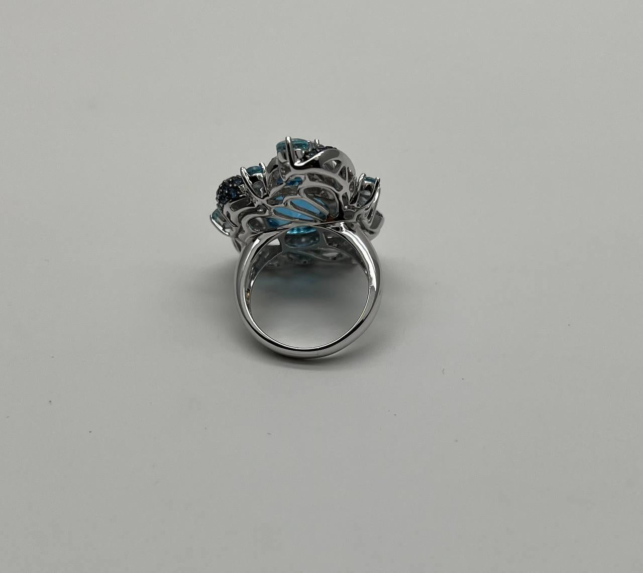 Multi Color Blue Topaz, Blue Sapphire, White Diamonds Pave 14K White Gold Ring