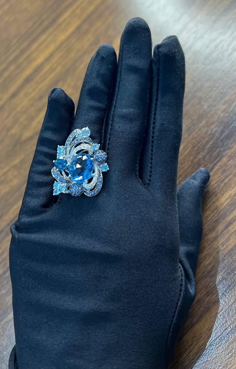 Multi Color Blue Topaz, Blue Sapphire, White Diamonds Pave 14K White Gold Ring