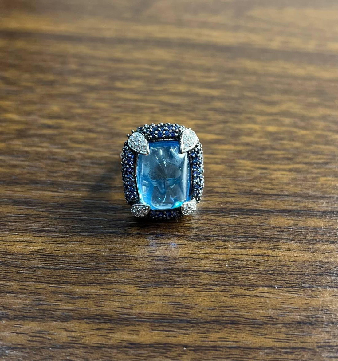 Rectangular Blue Topaz Sugarloaf Cabochon Diamond Blue Sapphire White Gold Ring
