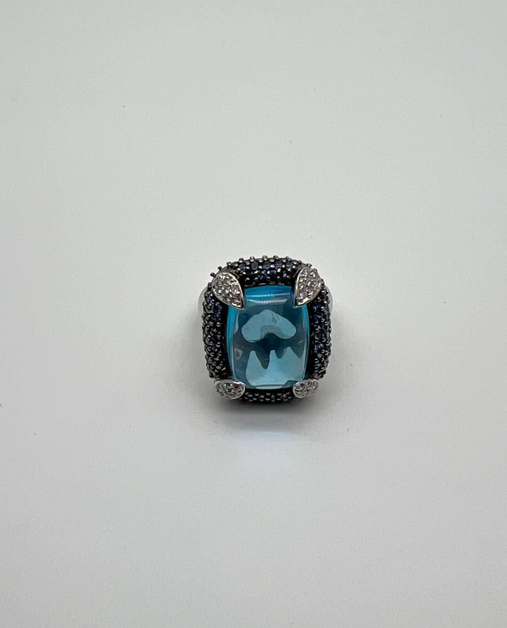 Rectangular Blue Topaz Sugarloaf Cabochon Diamond Blue Sapphire White Gold Ring