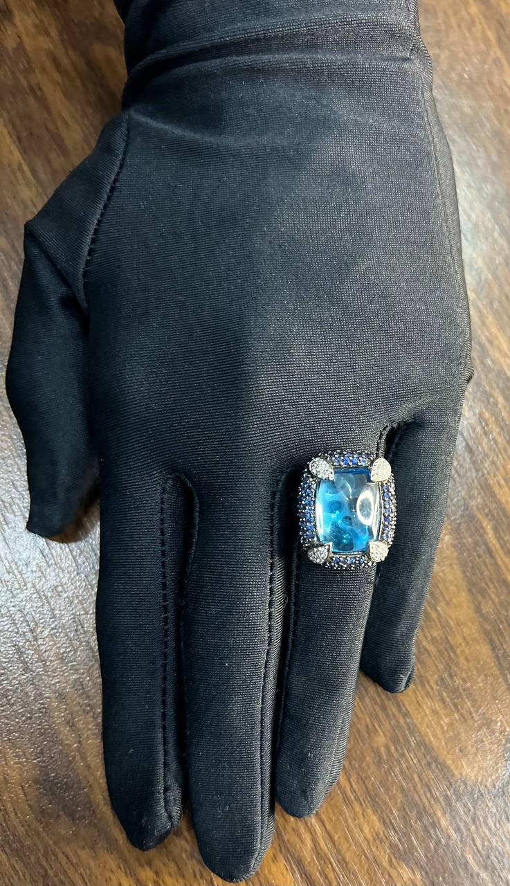 Rectangular Blue Topaz Sugarloaf Cabochon Diamond Blue Sapphire White Gold Ring