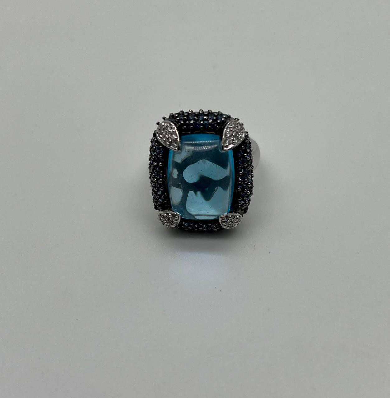 Rectangular Blue Topaz Sugarloaf Cabochon Diamond Blue Sapphire White Gold Ring