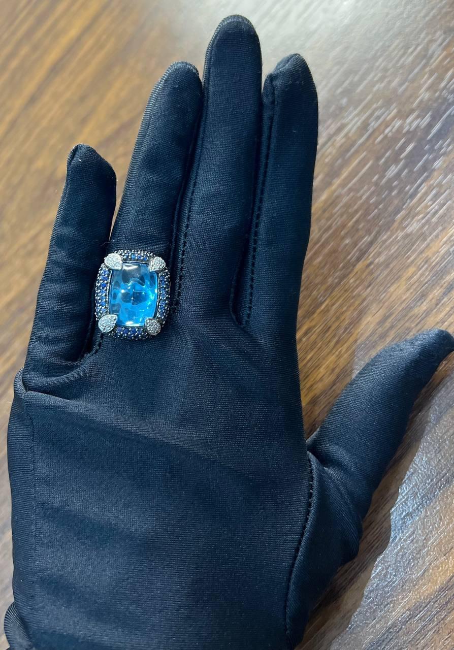 Rectangular Blue Topaz Sugarloaf Cabochon Diamond Blue Sapphire White Gold Ring